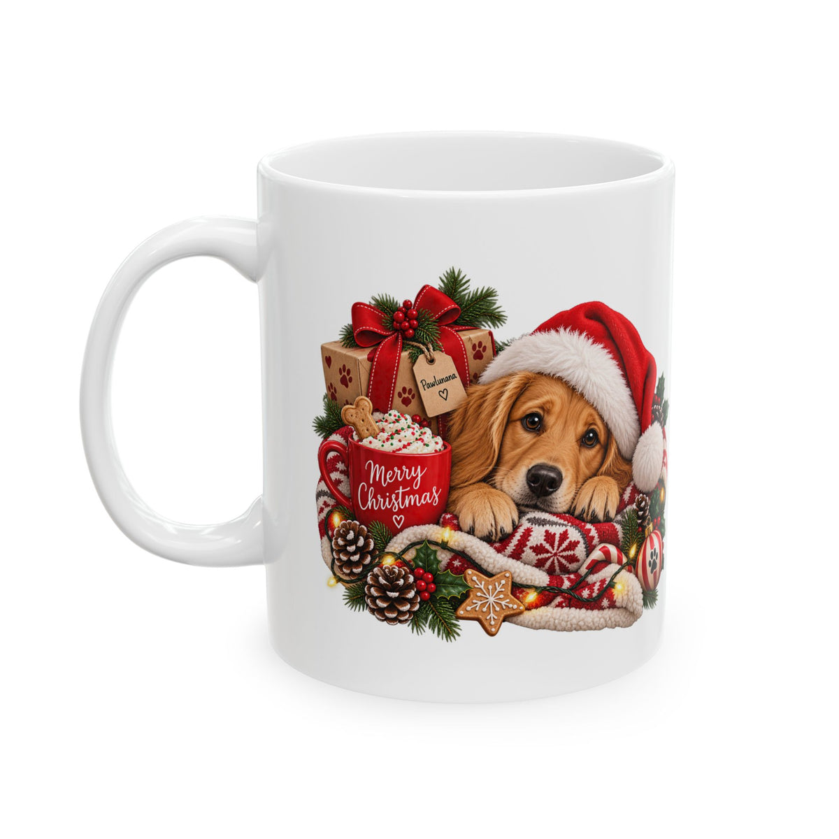 Christmas Puppy Ceramic Mug — Cute Dog in Santa Hat Holiday Coffee Cup (11oz & 15oz)