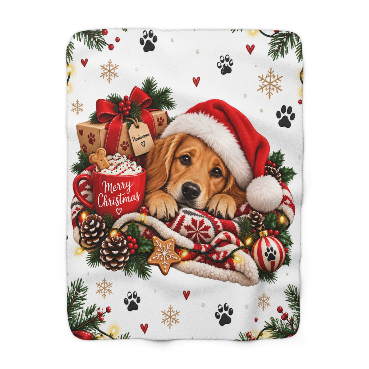 Christmas Puppy Sherpa Blanket – Cute Dog in Santa Hat Cozy Throw