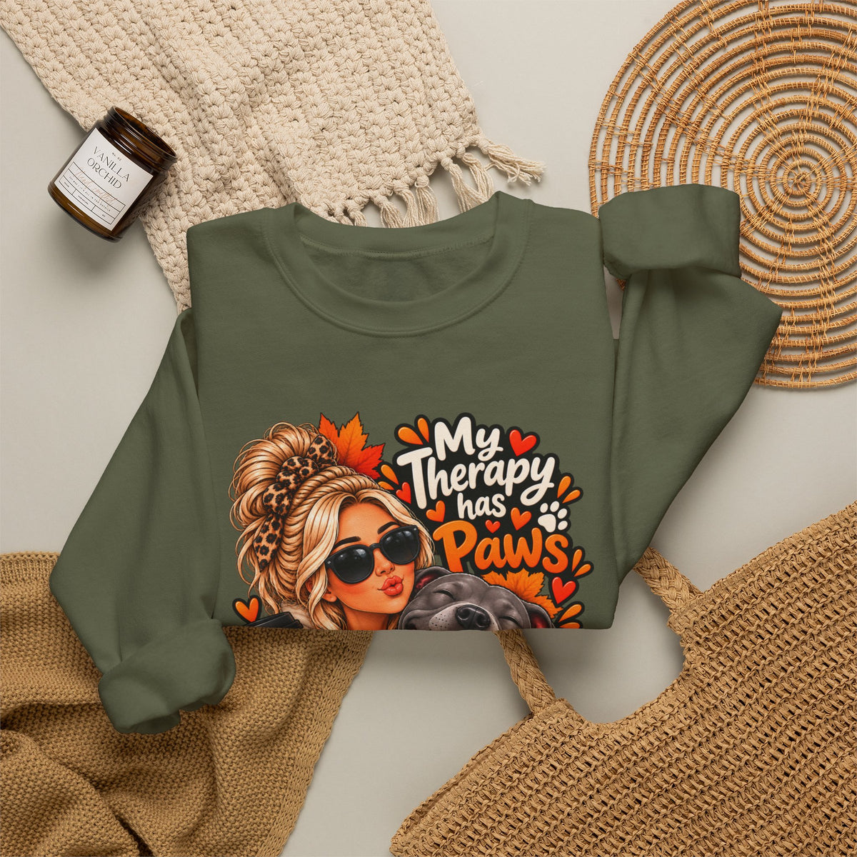 Crewneck Sweatshirt - "My Therapy Has Paws" Fall Dog Mom Graphic