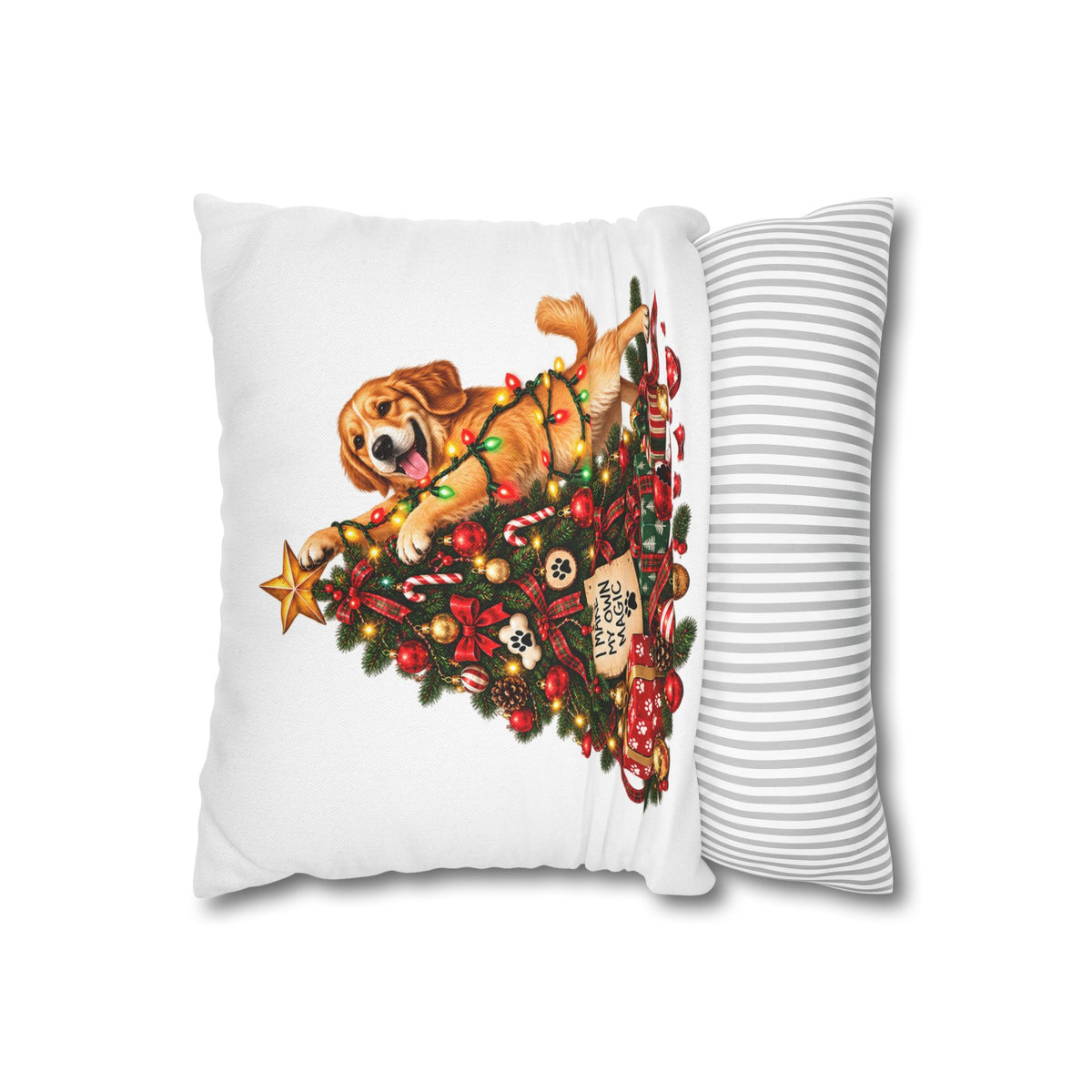 Golden Retriever Decorating Christmas Tree Throw Pillowcase - 'I Make My Own Magic' Holiday Dog Pillow