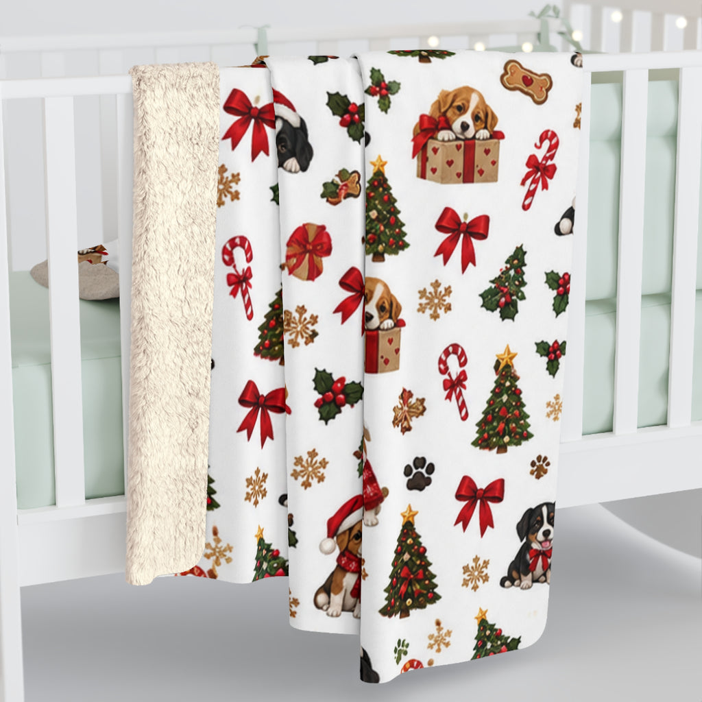 Christmas Puppy Sherpa Blanket — Festive Dogs & Trees Cozy Throw