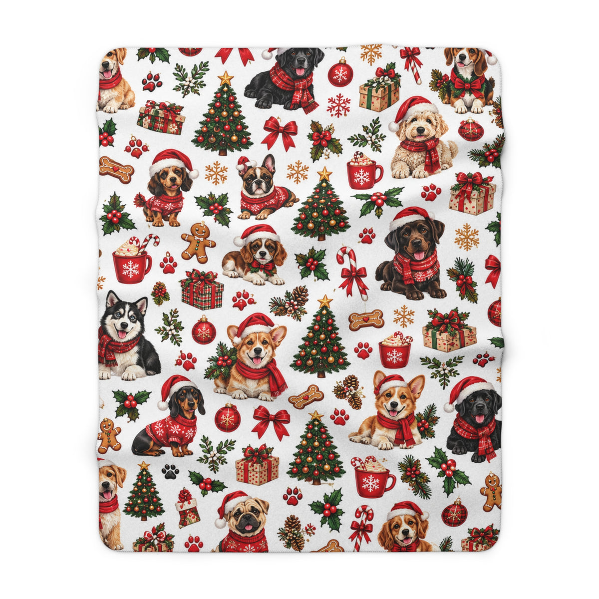 Christmas Puppy Sherpa Blanket – Festive Dogs, Trees & Gifts Plush Throw