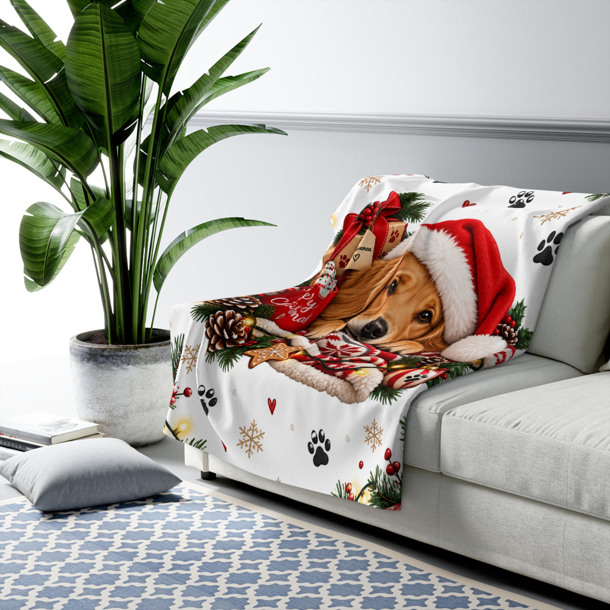 Christmas Puppy Sherpa Blanket – Cute Dog in Santa Hat Cozy Throw