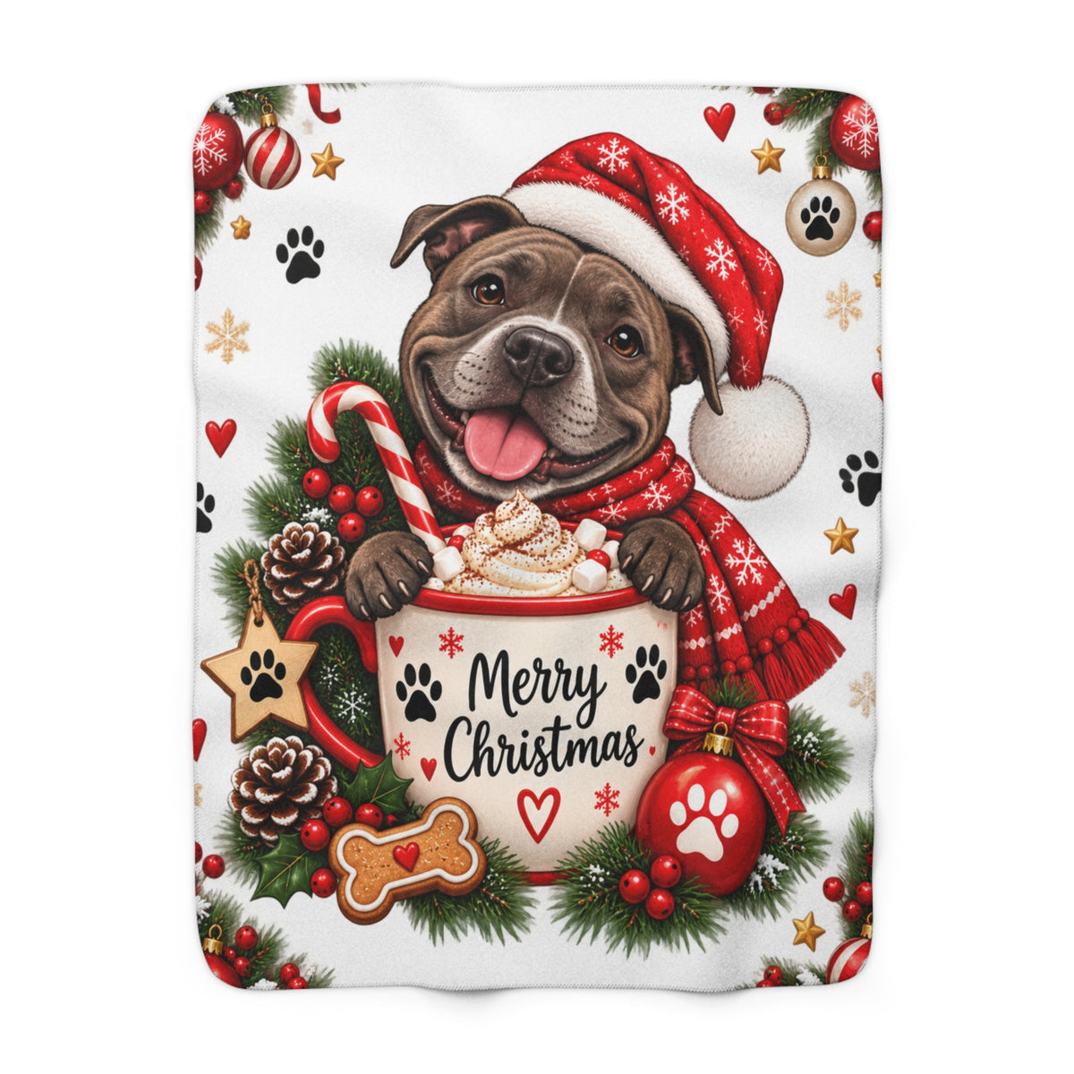 Sherpa Fleece Blanket — Merry Christmas Puppy in Santa Hat Holiday Throw