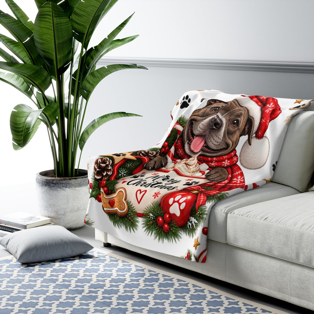 Sherpa Fleece Blanket — Merry Christmas Puppy in Santa Hat Holiday Throw