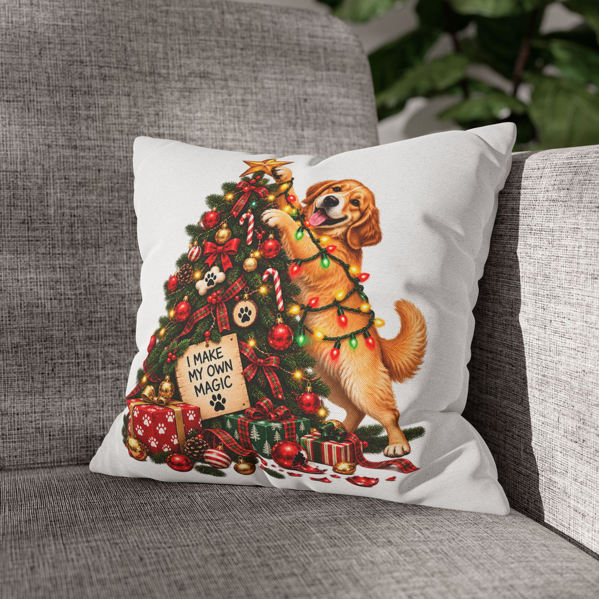 Golden Retriever Decorating Christmas Tree Throw Pillowcase - 'I Make My Own Magic' Holiday Dog Pillow