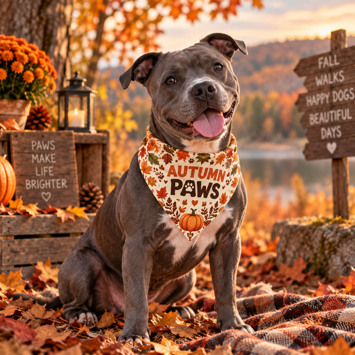 Autumn Dog Bandana | Fall Pet Scarf with Pumpkins & Paw Prints | Cozy Dog Accessory