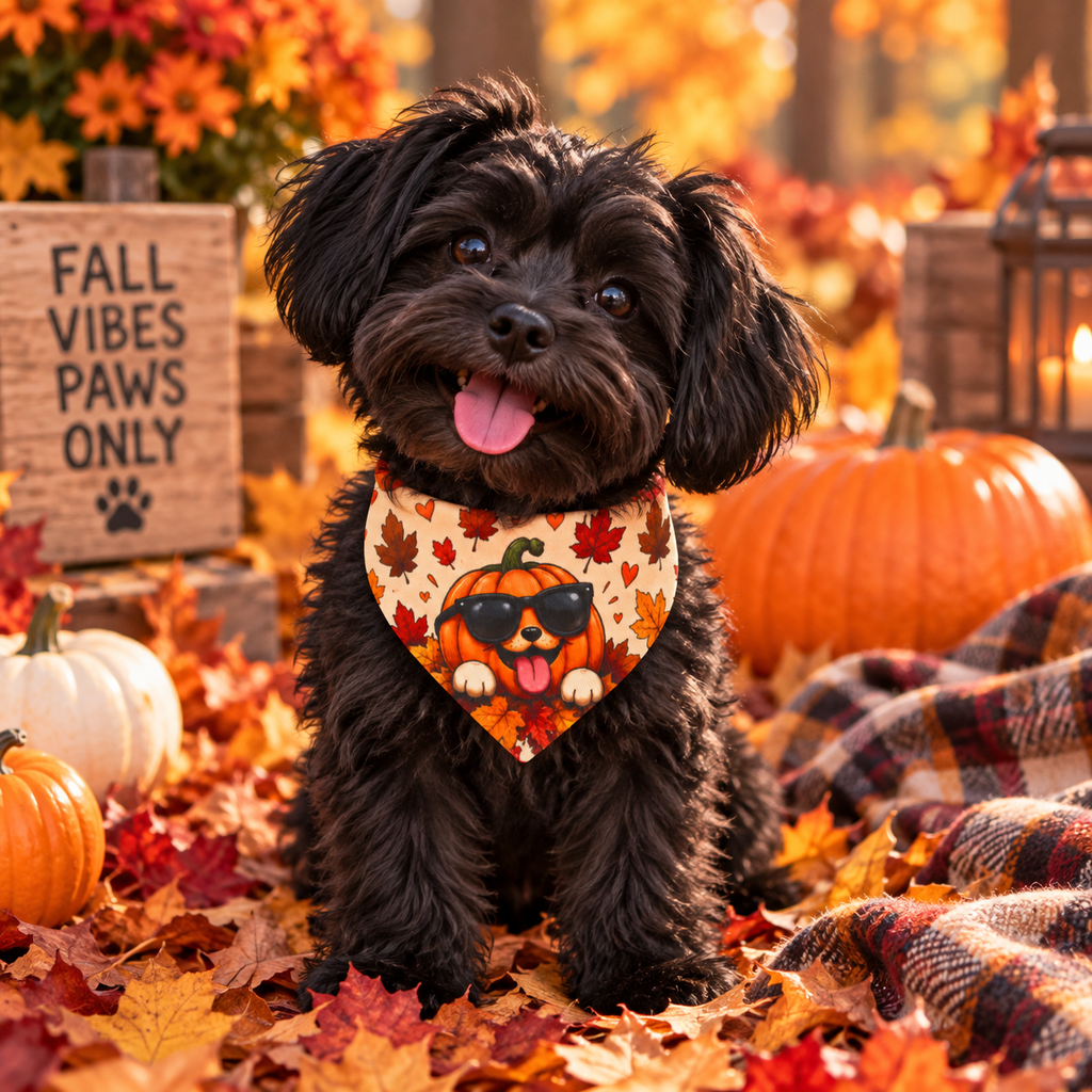 Autumn Dog Bandana with Collar – Pumpkin Pup Sunglasses & Fall Leaves