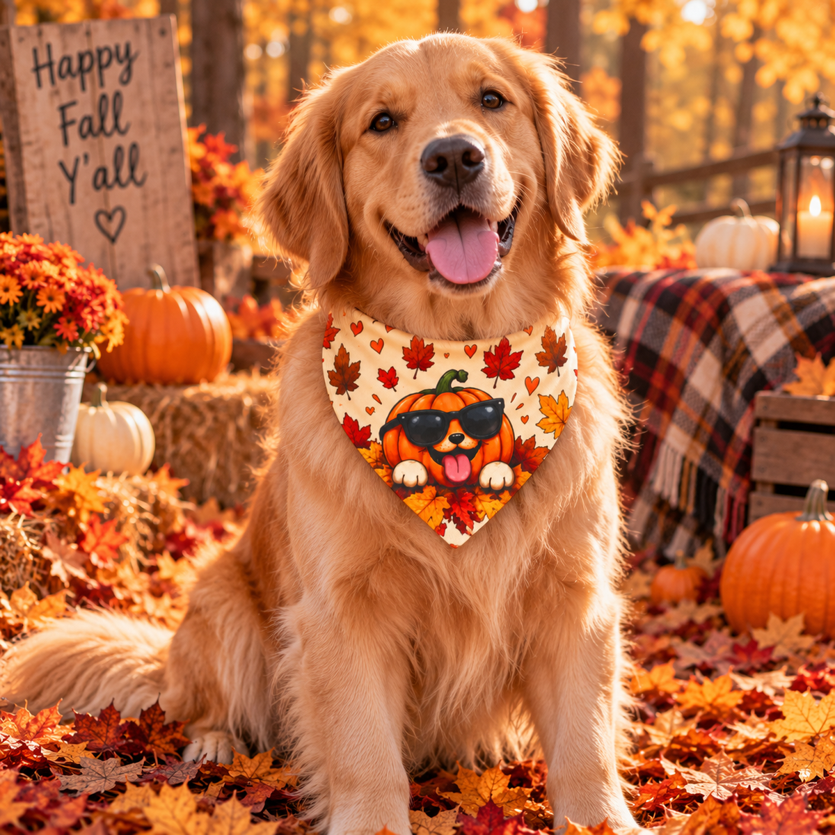 Autumn Dog Bandana with Collar – Pumpkin Pup Sunglasses & Fall Leaves