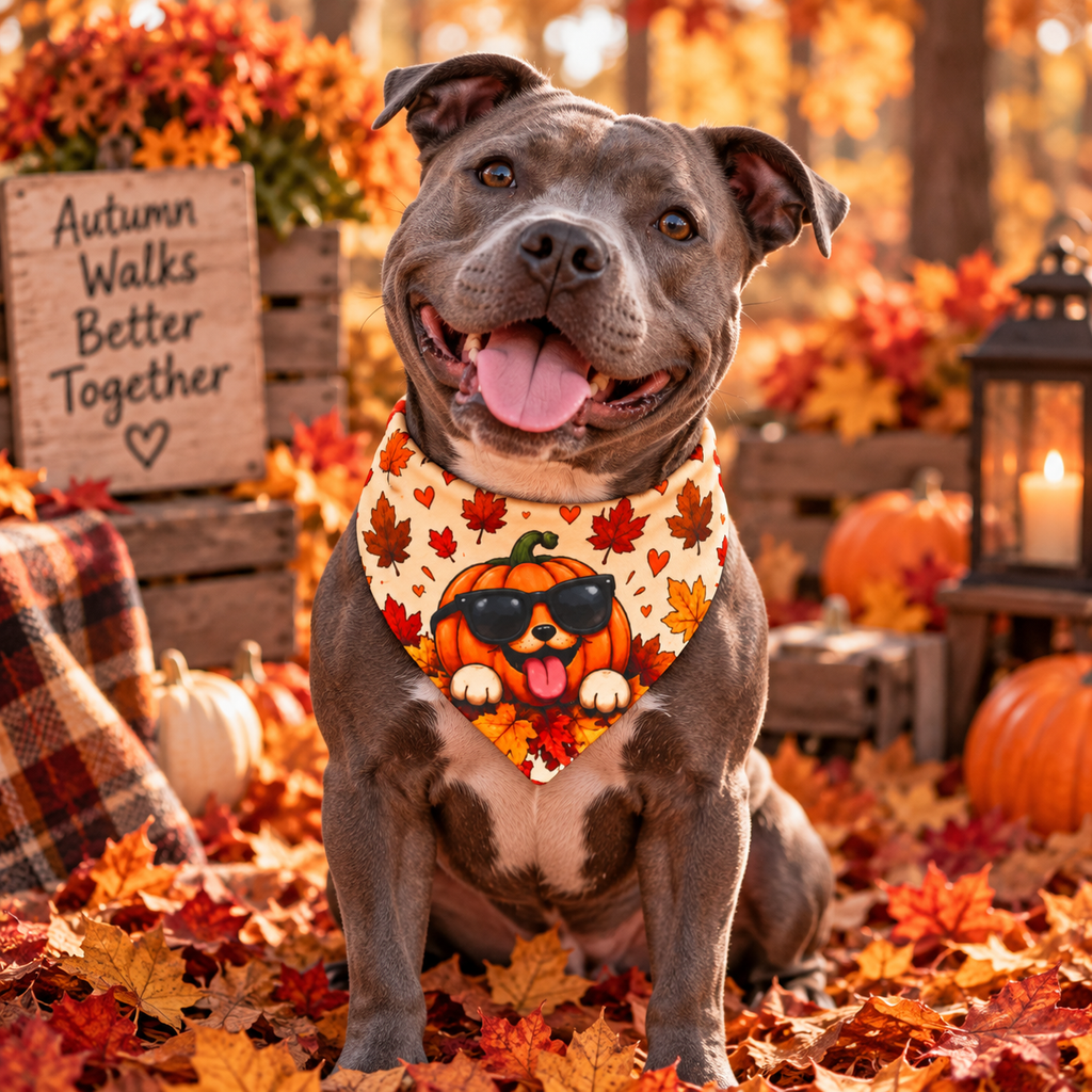 Autumn Dog Bandana with Collar – Pumpkin Pup Sunglasses & Fall Leaves