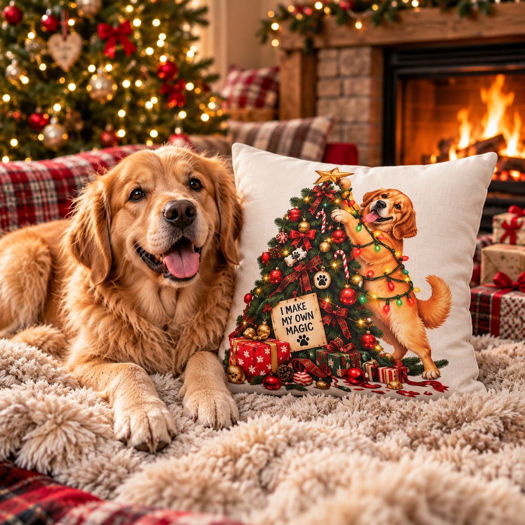 Golden Retriever Decorating Christmas Tree Throw Pillowcase - 'I Make My Own Magic' Holiday Dog Pillow