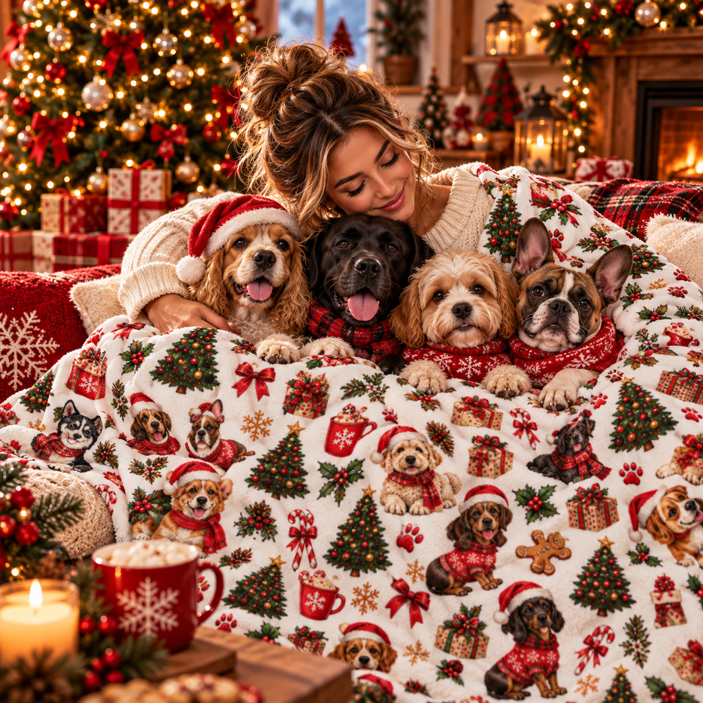 Christmas Puppy Sherpa Blanket – Festive Dogs, Trees & Gifts Plush Throw