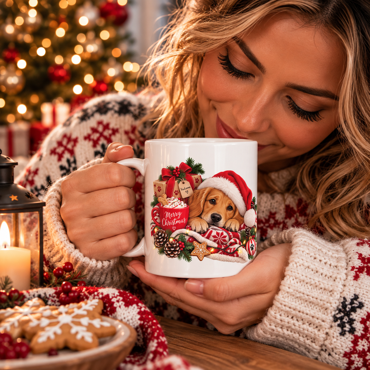 Christmas Puppy Ceramic Mug — Cute Dog in Santa Hat Holiday Coffee Cup (11oz & 15oz)