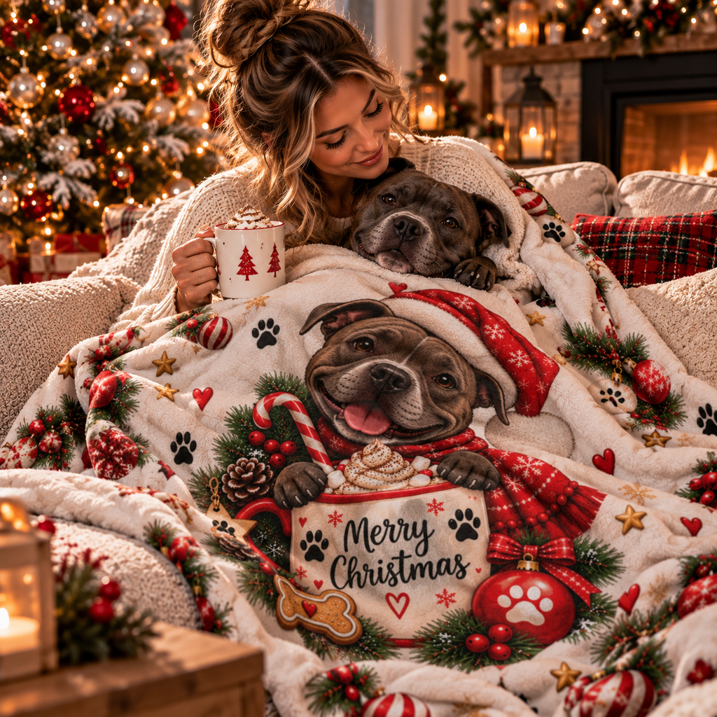 Sherpa Fleece Blanket — Merry Christmas Puppy in Santa Hat Holiday Throw