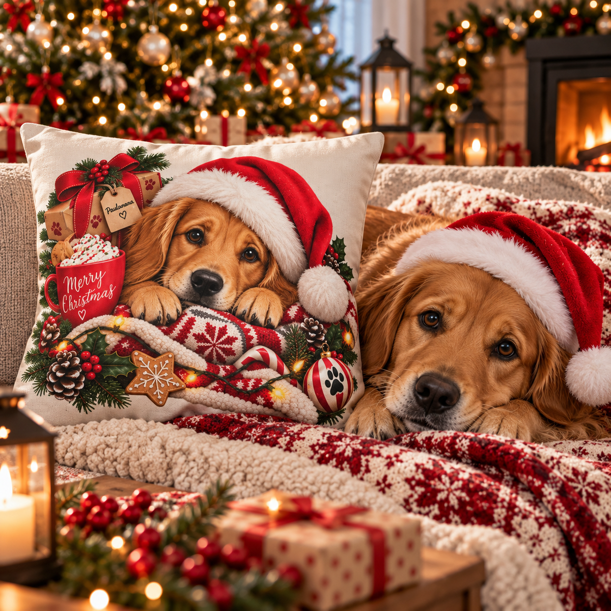 Christmas Puppy Throw Pillowcase — Golden Retriever in Santa Hat