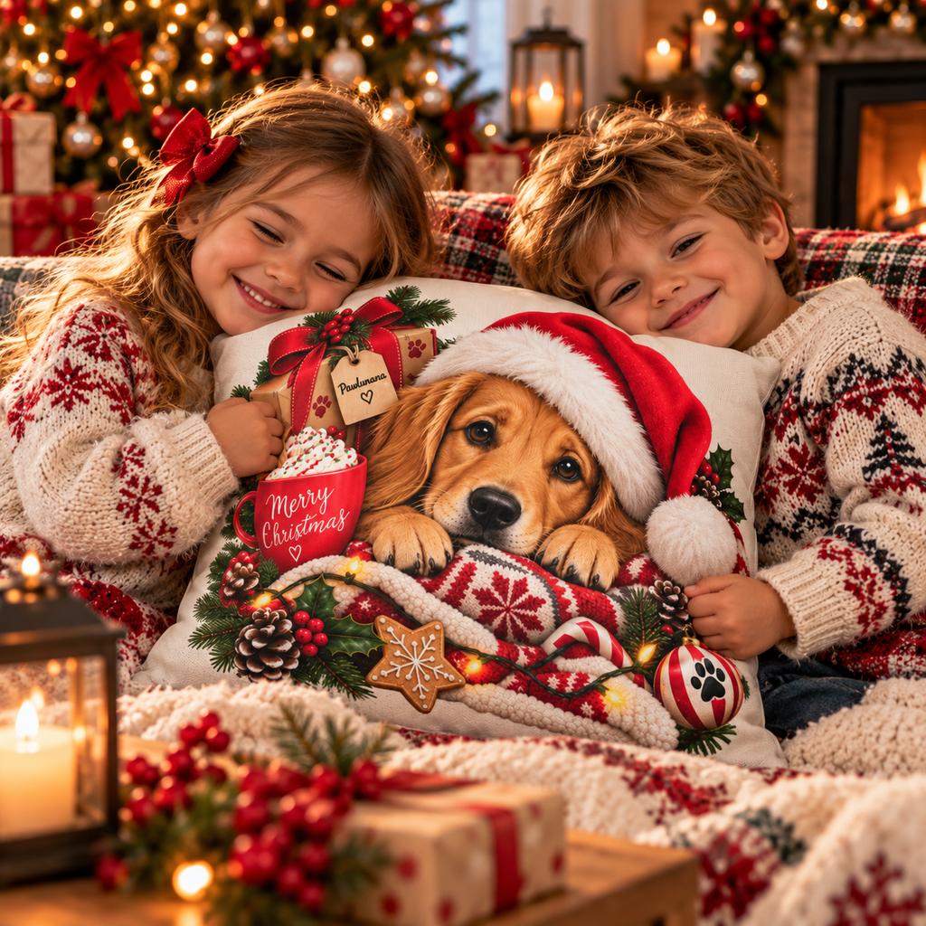 Christmas Puppy Throw Pillowcase — Golden Retriever in Santa Hat