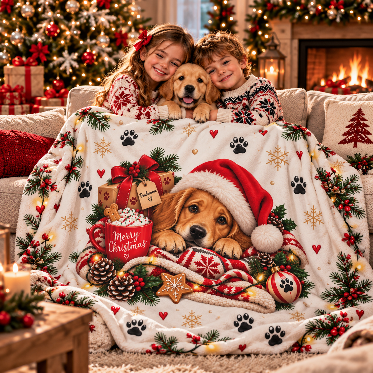 Christmas Puppy Sherpa Blanket – Cute Dog in Santa Hat Cozy Throw