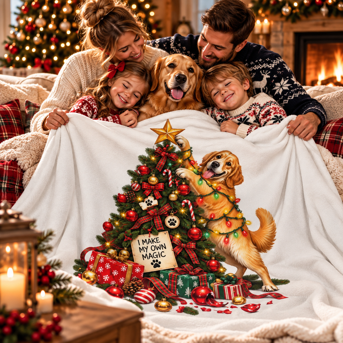 Christmas Golden Retriever Sherpa Blanket — "I Make My Own Magic" Holiday Throw