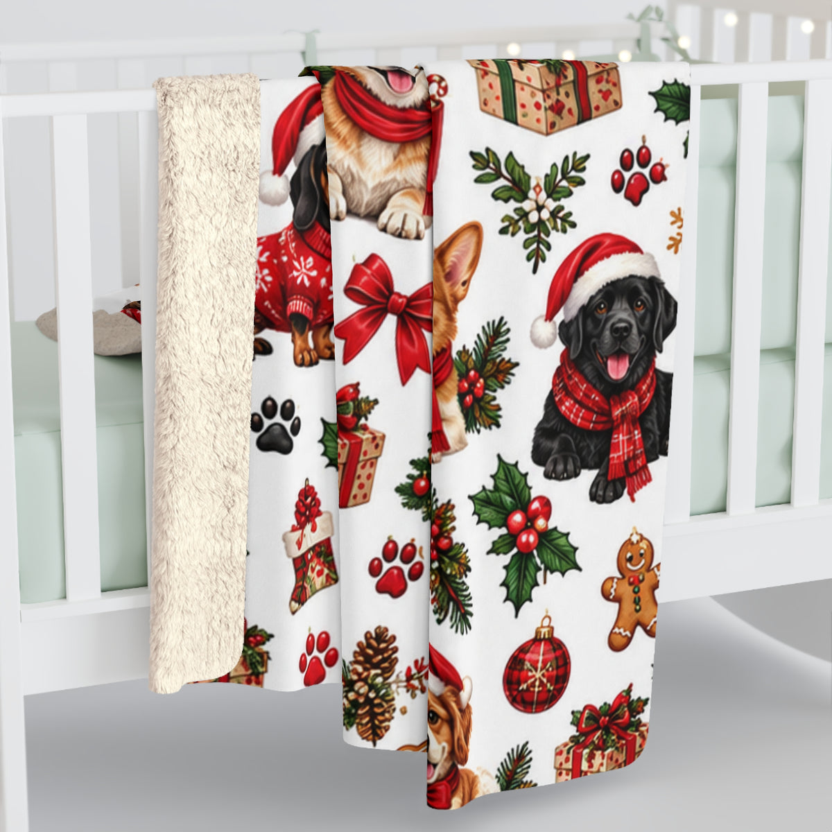 Christmas Puppy Sherpa Blanket – Festive Dogs, Trees & Gifts Plush Throw