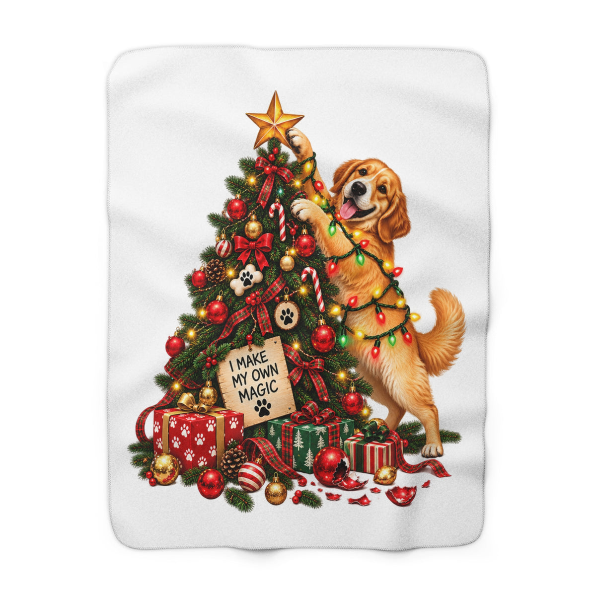 Christmas Golden Retriever Sherpa Blanket — "I Make My Own Magic" Holiday Throw