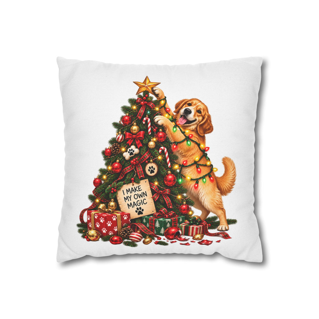Golden Retriever Decorating Christmas Tree Throw Pillowcase - 'I Make My Own Magic' Holiday Dog Pillow