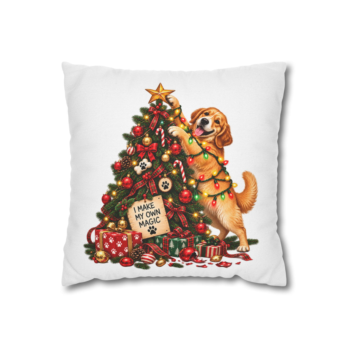 Golden Retriever Decorating Christmas Tree Throw Pillowcase - 'I Make My Own Magic' Holiday Dog Pillow
